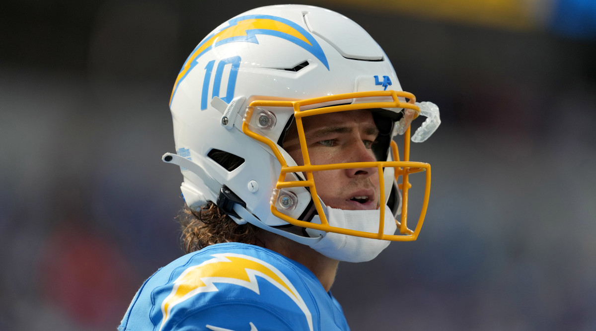Chargers quarterback Justin Herbert reacts in the second half against the Raiders at SoFi Stadium.
